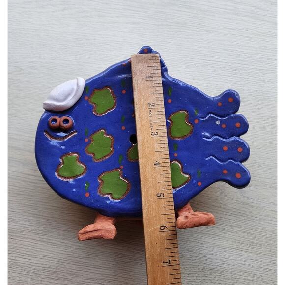 CLOCK-HANDMADE CERAMIC-Signed-Blue & Green Fish w/Feet-NO CLOCKWORKS - Picture 7 of 8